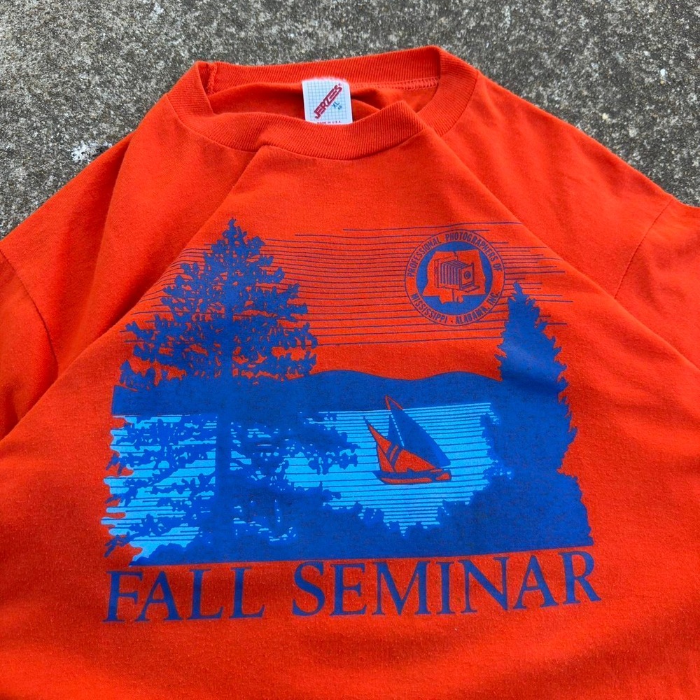 Vintage 80s Jerzees Fall Seminar Lake Nature Single Stitch Orange XL (d2) - Picture 1 of 8